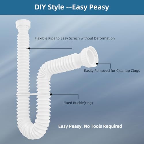 Sink Drain Pipe, Flexible Sink P-Trap Pipe for Kitchen & Bathroom, White - color: White