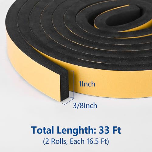 Self Adhesive Foam Tape Weatherstrip 1in x 3/8in x 33Ft High Density Foam Insulation Strips Foam Seal Weather Stripping with Strong Adhesive for Door and Window Sound Isolation Soundproofing - size: 1in x 3/8in x 33Ft