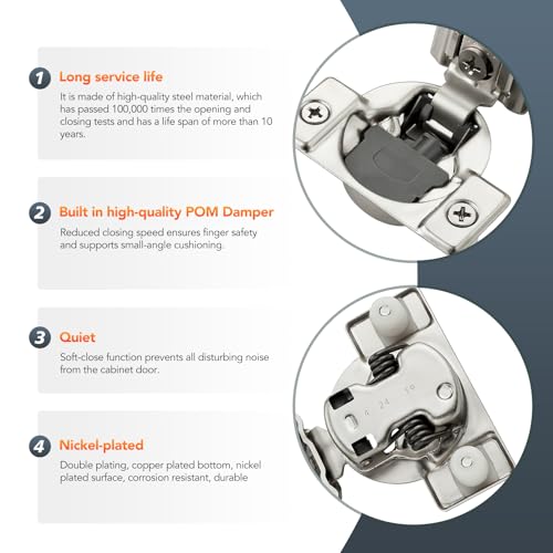Satin Nickel Cabinet Hinges 1-1/2 Inch Overlay 10 Pack(5 Pairs) | Stainless Steel Build, Soft Close Concealed Hinge, 3D Self-Closing Adjustment, Face Frame Door Fit, Kitchen Cabinets - size: 1-5/16 inch Overlay