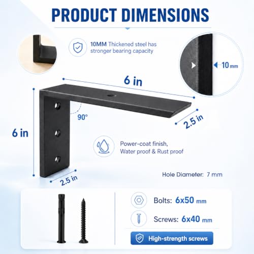 WINKER Countertop Support Bracket 2 Pack Heavy Duty 3/8" Thick Hidden L Shelf Bracket 6" x 6" x 2.5" Metal Corbels for Quartz/Granite/Wood/Concrete/Laminate Countertops, Black - size: 6″x6″x2.5″-3/8" thick, style: Black-2Pack