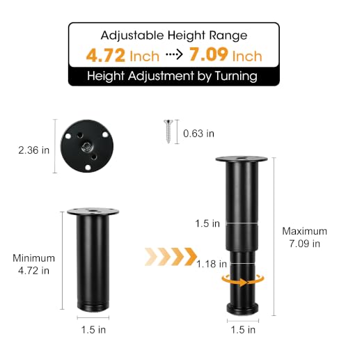 3.15-4.72 Inch Black Adjustable Height Couch Furniture Legs 4 Pcs - size: 3.15-4.72 inch (4 Pcs)