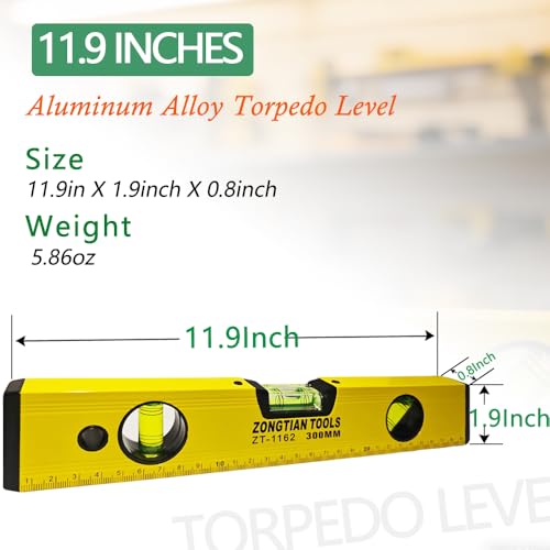 11.9 Inch Torpedo Level Magnetic, Aluminum Alloy Level Tool, Equipped with 45/90/180 Degree Bubble Vials and Scale Ruler, Open Top-View Design - style: 12″-1pcs