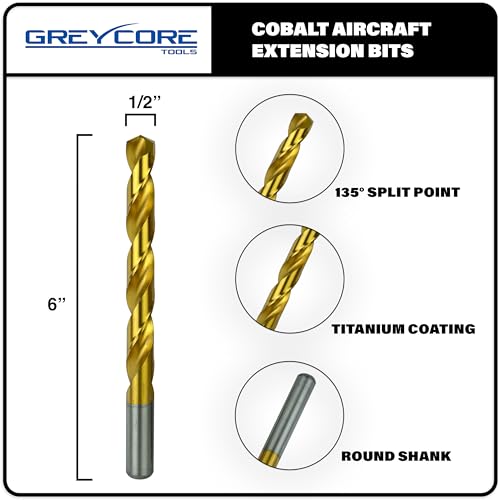 Greycore Tools 1/2 Inch x 6 Inch Cobalt Aircraft Extension Bit – 2 Pack M35 Cobalt Drill Bit, Industrial Titanium Coating – Drill Bits for Steel, Hard Metal, Cast Iron, Wood, Plastic (1/2" x 6") - size: 1/2" x 6", style: 6" Length