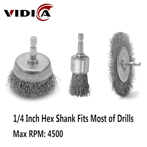 VIDICA Wire Brush for Drill Set 9Pcs,Abrasive Wire Wheel for 1/4 Inch Hex Shank, Wire Cup Brush for Drill, Coarse Crimped Carbon Steel Wire Brush Set for Removing Paint and Rust