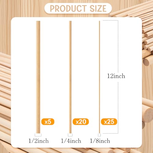 50Pcs 12inch Long Dowel Rods Wood Sticks, 1/2inch 1/4inch 1/8inch Unfinished Round Sticks, Natural Wood Dowels for Craft and DIY Projects, Cake Dowels Hardwood Craft Dowel Rods