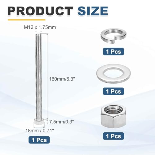 MECCANIXITY M12 x 160mm 304 Stainless Steel Hex Head Screws Bolts, Nuts, Flat & Lock Washers Assortment Kit, Fully Threaded, Bright Finish for Home, Electronic, Machine, 1 Sets - size: M12 x 160mm