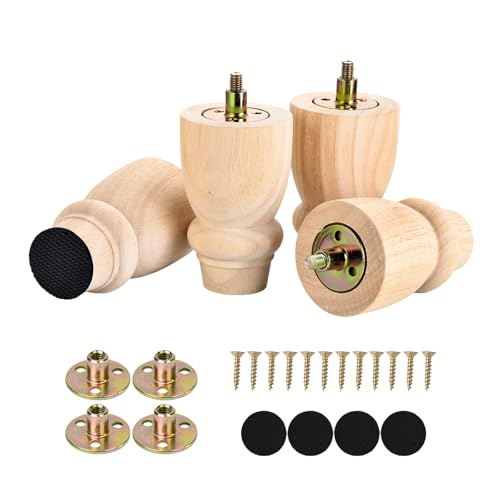 Maricome 4 inch Unfinished Bun Feet Set of 4 Predrilled M8 Bolt Turned Wood Replacement Legs for Sofa Couch Cabinet Chair Ottoman - color: 4 Inch Unfinished