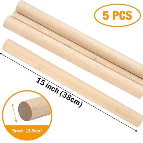 Wood Dowel Rods Wooden Dowels for Crafts 1 x 15 Inch, 5 PCS Wooden Sticks for Crafts, Macrame Wood Rods, Unfinished Birch Hardwood Round Sticks for Crafting and DIYers, Wands, Flags - size: 1"×15"- 5 PCS