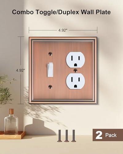 2-Pack Zinc Alloy Combo Toggle/Duplex Light Switch Cover Plate - color: Antique Copper, size: 1 Toggle/1 Duplex 2PK