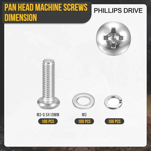 DTGN M3-0.5x10 Phillips Pan Head Machine Screw W/Washer 304 Silver 300pcs - size: M3-0.5x10mm