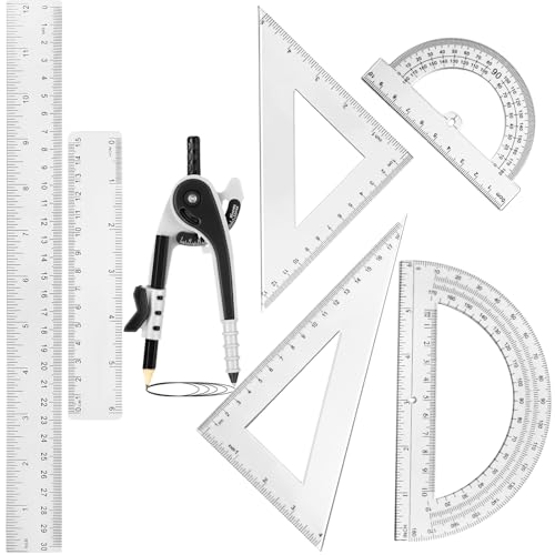 Zonon 7 Pcs Geometry Math Set with Compass Protractor Rulers, Clear - color: Clear