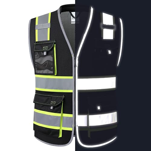 JKSafety Safety Vest for Men Women Hi Vis with Pockets and Cushioned Collar Construction Vest Meet ANSI Standard (BX360) - color: Black, size: Medium