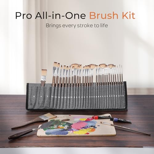 Nicpro 32pcs Paint Brush Set, Professional Paintbrushes with Paint Spatula and Cloth Roll Case, Craft Paint Brushes for Acrylic Painting, Oil, Watercolor, Gouache, Art Supplies for Artists Beginners - color: Brown