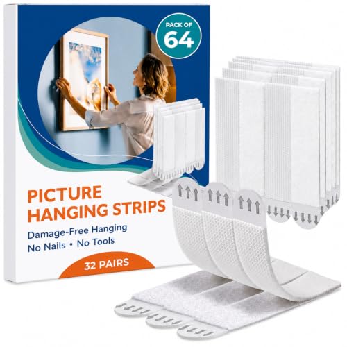 Picture Hanging Strips Heavy Duty - 64x Strips(32 Pairs), Wall Hanging Adhesive Strips for Damage-Free Picture Hangers Without Nails and Frame Mounting - size: 64x (3.7 inches x 0.75 inches)