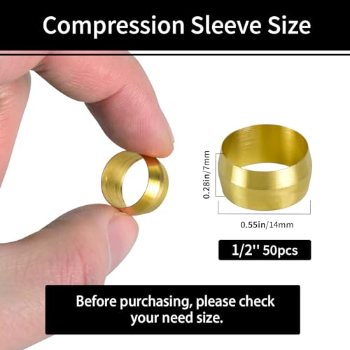 MuHize 1/2 Inch Brass Compression Ferrule Sleeve, 50PCS - color: 50 pcs, size: 1/2 Inch