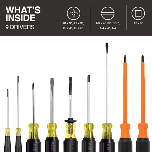 Klein Tools 85850 9-Piece Electrician Tool Set with (3) Phillips, (3) Slotted, (1) Screw-Holding Driver, (2) Insulated Drivers - Phillips and Square, Cushion-Grip Handle - size: 9-Piece