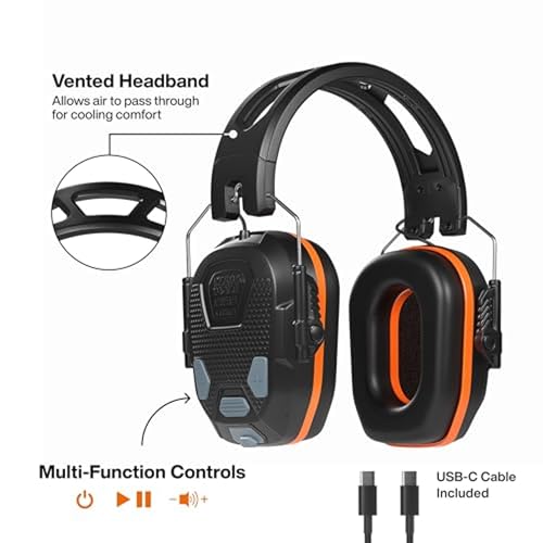 KLEIN TOOLS AESEM2 Slim Bluetooth 5.4 Hearing Protection Earmuffs, 23dB NRR, Rechargeable for Construction and Workshops, Noise Cancelling, Foam Cushions and 50 Hour Battery Life