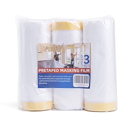 TAPEBEAR Pre-Taped Masking Film Tape and Drape 5feet x 90feet 3Rolls - size: 1400mm x 27m