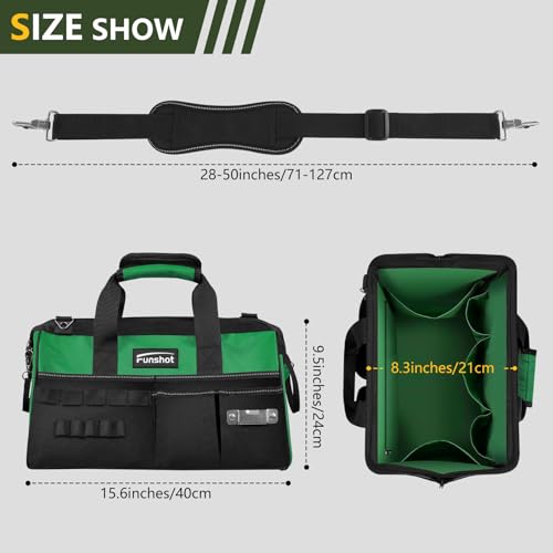 16 Inch Heavy Duty Tool Bag, Compact Tool Organizer with 17 Pockets, Wide Mouth Tool Tote with Adjustable Shoulder Strap, Portable Work Bag for Electricians, Mechanics, Contractors, DIY & Home Repair - size: 15.6"L x 8.3"W x 9.5"H