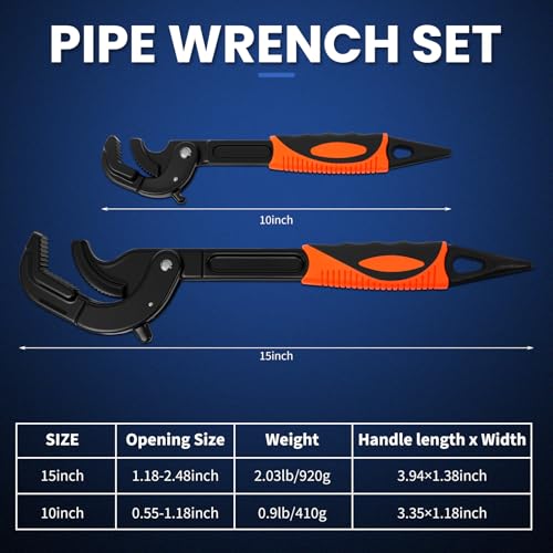Self-Adjusting Pipe Wrench Set, 10" & 15", Power Grip for Plumbing & Auto Repair, 14-60mm Jaw, Anti-Slip Teeth, Chromium Steel
