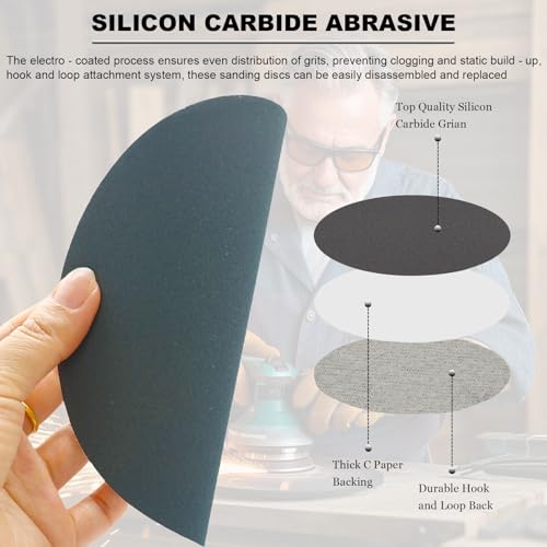 50 PCS 6 Inch Silicon Carbide Wet Dry Hook and Loop Sanding Discs- 320,400, 600, 800, 1000 Assorted Grit Waterproof Sandpaper for Automotive Wood Metal Polishing & Sanding - style: Coarse Grit