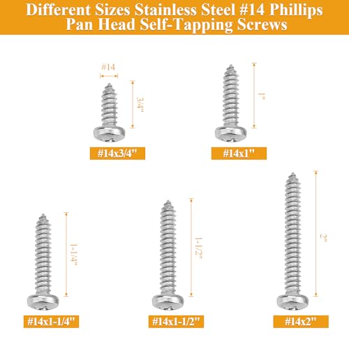 45 Pieces #14 x 3/4" 1" 1-1/4" 1-1/2" 2" Wood Screws Set, Phillips Pan Head #14 Self-Tapping Screws Assortment Kit, 304 Stainless Steel - size: #14, style: Phillips Pan Head