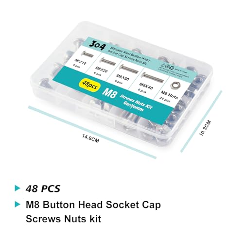 M8 x 10mm 20mm 30mm 40mm Button Head Socket Cap Screws Bolts and Nuts, Stainless Steel 304, Bright Finish, Metric Allen Hex Drive, Fully Thread, Assortment Kit 48PCS - size: Button M8x10-40mm+Nuts