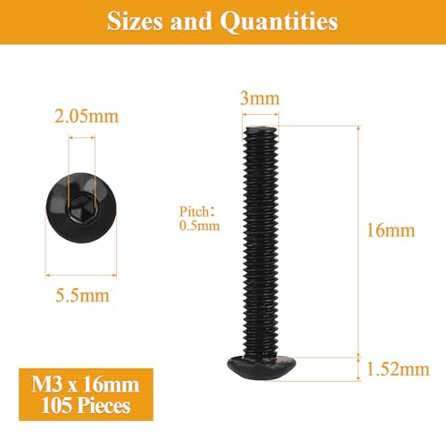105 Pieces M3 x 16mm Button Head Socket Cap Screws, Thread Pitch 0.5mm, Sutemribor M3 Black Screws, 10.9 Grade Alloy Steel, Black Oxide Finish, Fully Threaded - size: M3 x 16mm, style: Button Head