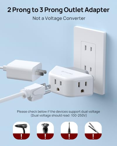 TROND 2 Prong to 3 Prong Outlet Adapter with 360 Rotating Plug - color: White, size: 3AC-2 Prong (Rotating Plug), 1 Pack