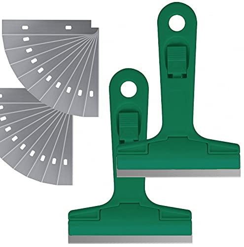2pack 5.5 inches Industry Glass Scraper Scraping Hand Tool, T Shape Razor Blade Scraper with 20x Blades, Steel Scraping Knife for Window Stove Windshield Aquarium Tile Floor Wall Cleaning (Green) - color: Green