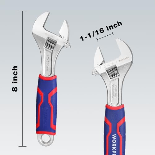 WORKPRO 8-Inch Adjustable Wrench, Wide Jaw, Metric/SAE Scales | Rubber Anti-Slip Grip, Premium Cr-V Steel, Chrome-Plated Finish for Strength and Corrosion Resistance - size: 8 inch