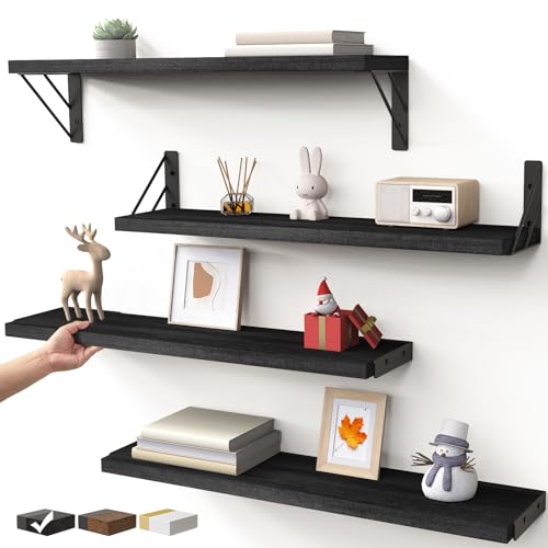 BAYKA Wall Mounted Floating Shelves, Wood, Black, Set of 4, 23in - color: A. Black Board & Black Brackets, size: 23-inch Uniform
