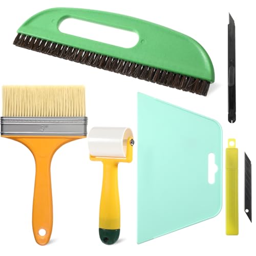 Wallpaper Smoothing Tool Kit, Wall Paper Stick Tool Set, with Wallpaper Paste Glue Brush, Multiuse Wallpapers Squeegee, Seam Roller, and Cutting Tools, for Peel and Stick Wallpapers Vinyl Window Film