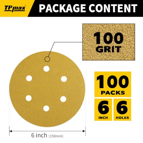 100PCS 6 Inch 100 Grit 150mm 6 Hole Sanding Discs Sandpaper - Premium Gold Round Hook and Loop for Random Orbital Sander - Ideal for Wood, Metal, Automotive - style: 100 Grit - 100 Pack