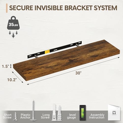 Vivelove 10 Inch Deep Floating Shelves 30x10” Set of 2, Rustic Brown - color: Rustic Brown, size: 30”wx10.2”dx1.5”h