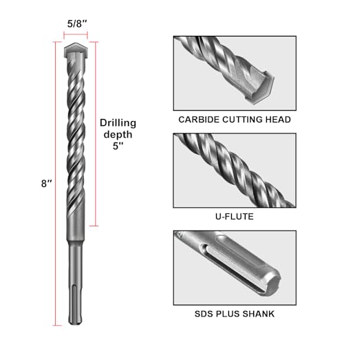SALI Rotary Hammer Drill Bits 5/8"*8" 10 Pcs Rotary Hammer Drill Bits Concrete Masonry Hole Tool with Storage Case for Concrete, Stone, Brick - size: 5/8"*8"
