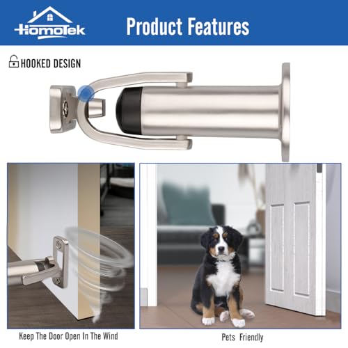 HOMOTEK Heavy Duty Latch Hook Stop Windproof,Door Holder Stopper with Sound Dampening Rubber Bumper Wall Mounted, Brushed Satin Nickel, 1 Pack - color: Brushed Satin Nickel, size: 1 Pack