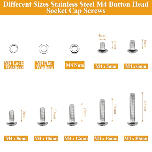 385 Pieces M4 Screws Nuts Washers Set, Sutemribor M4 x 5/6/8/10/12/16/20mm Button Head Socket Cap Screws Nuts Washers Assortment Kit, 304 Stainless Steel, Fully Threaded - size: M4, style: Button Head Socket Cap