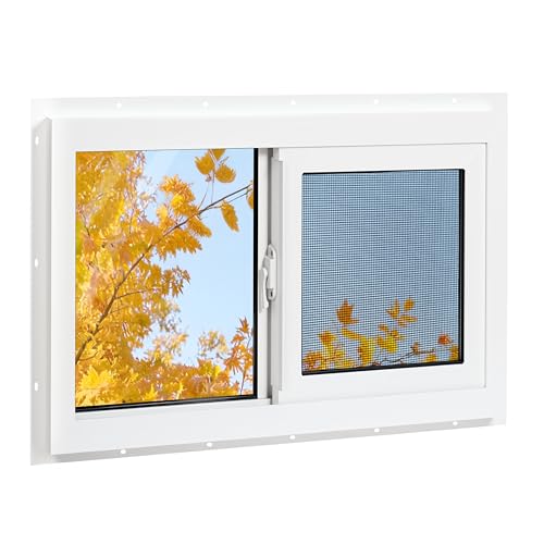 Vinyl Basement Window, Bathroom Sliding Window 32" x 22" White | Double Pane Insulated Tempered Glass and Fiberglass Screen for Basement, Bathroom, Shed - size: 32x22 IN