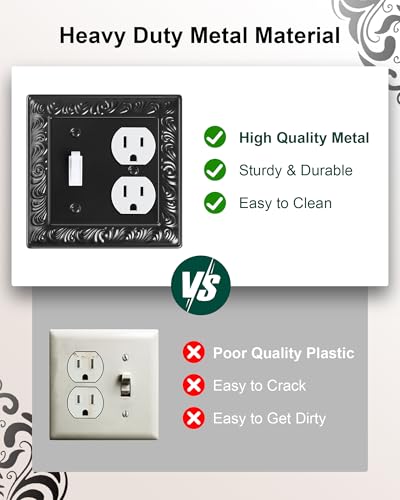 2-Pack Paisley Pattern Metal Combo Toggle/Duplex Light Switch Cover Plate | Decorative Wall Outlet Cover Plate, 2 Gang Metal Wall Plates for Electrical Outlets, Light Switch, Matte Black - color: Black, size: 1 Toggle/1 Duplex 2PK