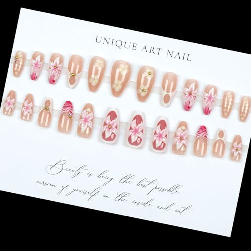 3D Pink FlowerFrench Tip Press on Nails Medium Almond Fake Nails with Flower Designs, Glossy Finished Reusable False Nails with Adhesive Glue Tabs - 24Pcs Nail Kit for Women Manicure - color: pink flower
