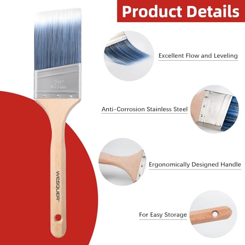 Wesquer Angled Paint Brush 2.5 Inch 2 Pack, Professional Paint Brushes for Walls, Furniture, Cabinets & Edges - No Shedding Synthetic Bristles, Comfort Wood Handle for Oil & Latex Paint