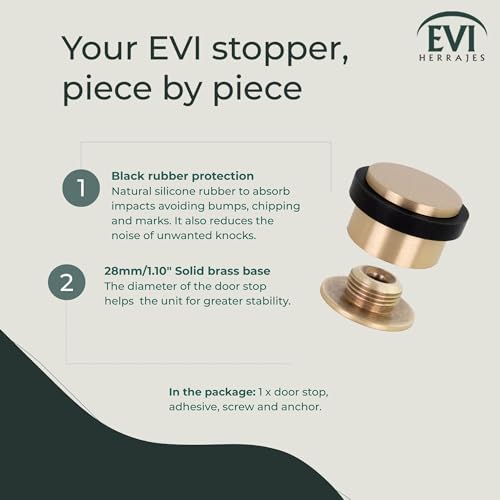 EVI Herrajes | Adhesive Door Stop | Threaded Base | W:1,1in H:0,8in | Matte Finish Brass | Silicone Black Rubber | Simple Fixation | 100% Functional | Mod. I-103/28 - color: Brass - Black Rubber