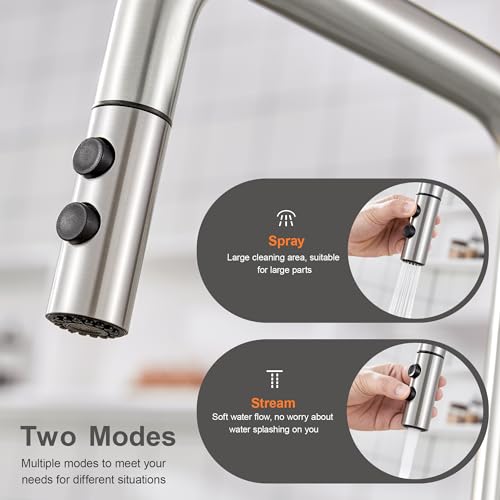 TIORIY Metal Kitchen Faucet Head Replacement, Pull Down Spray Head with 15 Adapters, 2 Function Kitchen Sink Spray Nozzle, Stainless Steel, Brushed Nickel - color: Brushed Nickel