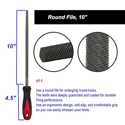 VASTOOLS 10 Inch Metal File Set, T12 High Carbon Hardened Steel, Half Round/Flat/Round Bastard Cut Files with Anti-Slip Grip, for Deburring Shaping Wood Metal Plastic,with Wire Brush