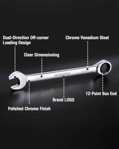 WORKPRO 10 mm Ratcheting Combination Wrench, Mirror Polish Chrome Plating - size: 10 mm, style: Mirror Polish