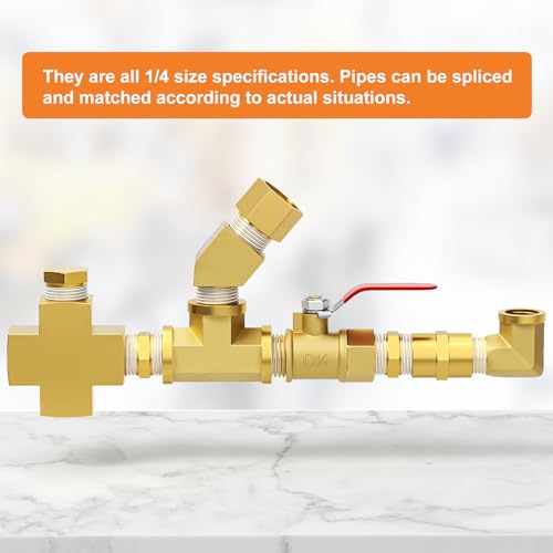 GASHER 48PCS 1/4"NPT Brass Pipe Fittings Kit，Coupling，90 Degree Elbow，45 Degree Elbow，Nipple，Ball Valve，Plug，Tee，4 Way，Reducer Adapter - style: Brass Pipe Fittings Kit（48Pcs）