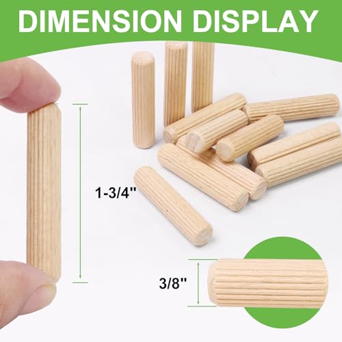 3/8" x 1-3/4" Wooden Dowel Pins, FoDau770 Fluted Wood Dowel Rods, Natural Beech Wood Dowel Pegs for Crafts, Woodworking, DIY Furniture - 200 Pieces - size: 3/8" x 1-3/4"