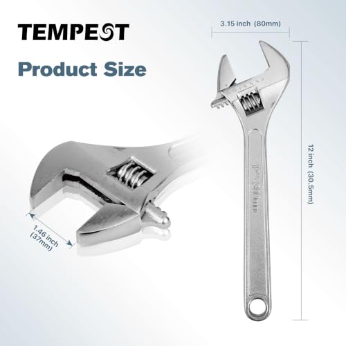 Tempest 12 Inch Adjustable Wrench with Laser Etched SAE and Metric Scales, Carbon Steel Heavy Duty Leverage Shifter Spanner with Smooth Worm Gear for Large Pipe Repairs and Mechanical Tasks - size: 12 Inch