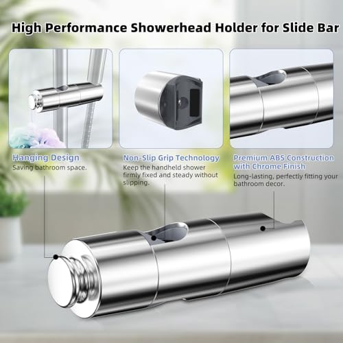 Hibbent Adjustable Shower Head Holder for Slide Bar, Universal 18.5-25mm Handheld Showerhead Bracket, Sprayer Holder with Hanging Design, Bathroom Shower Replacement, No Drill Installation, Chrome - style: Chrome